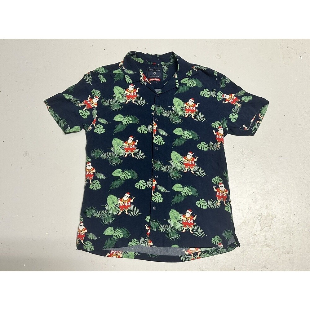 Denim & Flower Mens M Christmas Hawaiian Santa Holiday Viscose Shirt